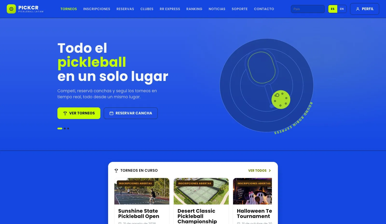 Página de inicio de pickcr.com: Todo el pickleball en un solo lugar